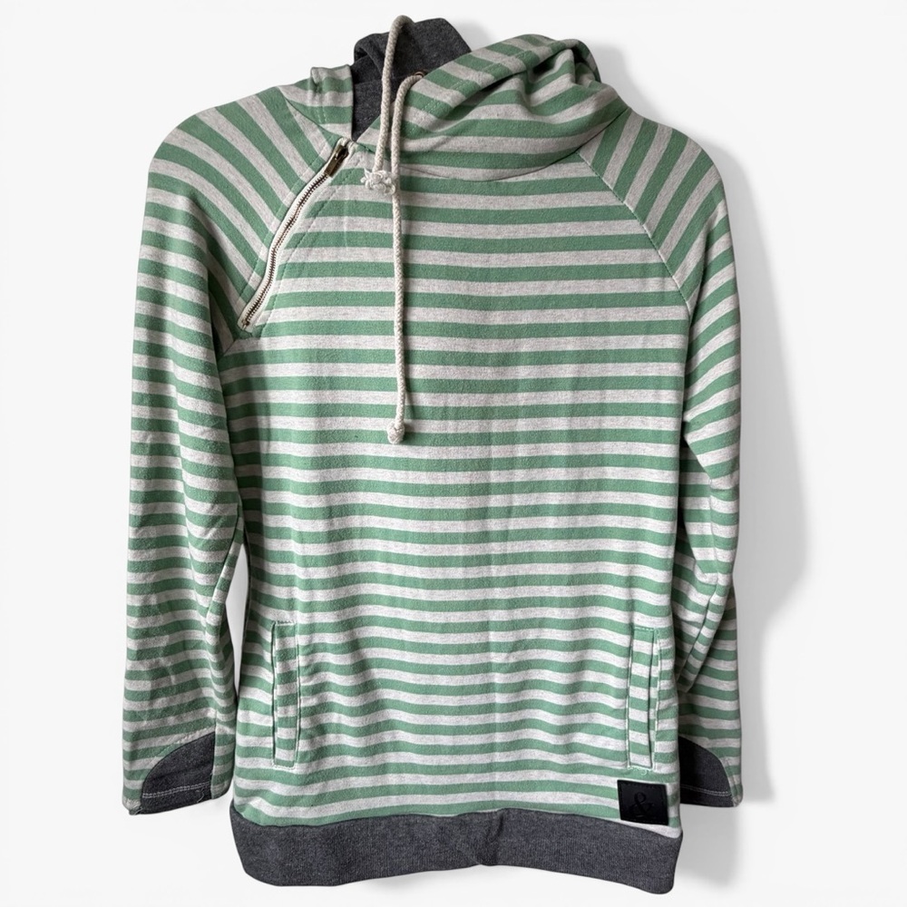 Ampersand Avenue Double Hood Sweatshirt Womens M Striped Asymmetrical Zip Hoodie